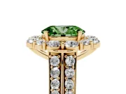 Fancy Green Oval Cut Diamond Halo Engagement Ring Set in Yellow gold with Split Shank and Prong Setting