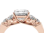 Asscher Cut Diamond Cluster Ring Set in Rose gold with Round Accent Stones and Prong Setting on a Plain Band