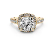 Cushion Cut Halo Engagement Ring Setting | Shared Prong Shoulders | Yellow Gold
