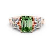 Fancy Green Emerald Cut Diamond Floral Cluster Ring Set in Rose gold with Marquise Petals and Prong Setting