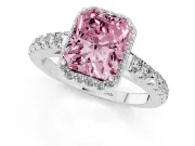 Fancy Pink Radiant Cut Diamond Halo Engagement Ring Set in Platinum with Pavé Band and Prong Setting