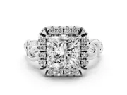 Princess Cut Vintage Filigree Halo Engagement Ring Setting | Scroll Shoulders | Sterling Silver