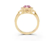 Fancy Pink Cushion Cut Diamond Halo Engagement Ring Set in Yellow gold with Milgrain Pavé Band