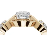 Radiant Cut Three Stone Halo Engagement Ring Setting | Pavé Wave Band | Yellow Gold