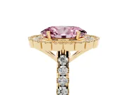 Fancy Pink Oval Cut Diamond Milgrain Floral Halo Engagement Ring Set in Yellow gold with Pavé Band