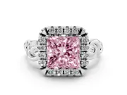 Fancy Pink Princess Cut Diamond Halo Ring Set in White gold with Scrollwork Band and Prong Setting