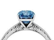 Fancy Blue Radiant Cut Diamond Solitaire Milgrain Engraved Band Set in Platinum with Prong Setting