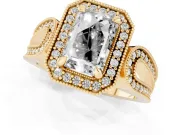 Emerald Cut Vintage Milgrain Halo Engagement Ring Setting | Open Loop Pave Shoulders | Yellow Gold