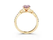 Fancy Pink Oval Cut Diamond Solitaire Leaf-Inspired Ring Set in Yellow gold with Pavé Band and Prong Setting
