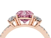 Cushion Cut Three Stone Engagement Ring Setting for a Fancy Pink Lab-Grown Diamond | Pave Shoulders | Rose Gold