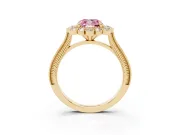 Fancy Pink Cushion Cut Diamond Halo Milgrain Pavé Ring Set in Yellow gold with Prong Setting