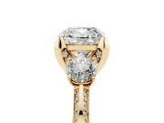 Cushion Cut Hidden Halo Three Stone Engagement Ring Setting | Pave Gallery | Yellow Gold