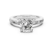 Cushion Cut Diamond Solitaire Ring Set in Silver with Channel-Set Baguette Band and Prong Setting