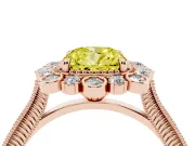Fancy Yellow Cushion Cut Diamond Halo Milgrain Pavé Ring Set in Rose gold with Prong Setting
