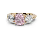 Cushion Cut Three Stone Engagement Ring Setting for a Fancy Pink Lab-Grown Diamond | Tapered Pave Band | Yellow Gold