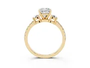 Cushion Cut Three Stone Pavé Engagement Ring Setting | Round Side Stones | Yellow Gold