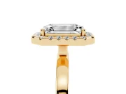 Emerald Cut Diamond Halo Solitaire Ring Set in Yellow gold with Pavé Band and Prong Setting