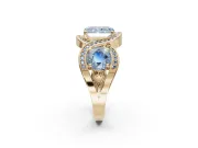 Radiant Cut Three Stone Halo Engagement Ring Setting for a Fancy Blue Lab-Grown Diamond | Pavé Wave Band | Yellow Gold