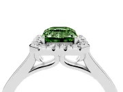 Fancy Green Emerald Cut Halo Round Diamond Solitaire Ring Set in White gold with Pavé Band and Prong Setting