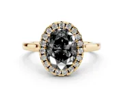 Fancy Black Oval Cut Halo Round Diamond Solitaire Ring Set in Yellow gold with Pavé Band and Prong Setting