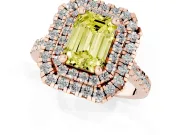 Fancy Yellow Emerald Cut Diamond Double Halo Statement Ring Set in Rose gold with Pavé Band