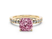 Fancy Pink Cushion Cut Diamond Pavé Band Solitaire Set in Yellow gold with Prong Setting