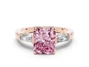 Fancy Pink Radiant Cut Diamond Solitaire Ring Set in Rose gold with Tapered Baguette Side Stones and Prong Setting