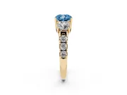 Cushion Cut Three Stone Engagement Ring Setting for a Fancy Blue Lab-Grown Diamond | Accented Shoulders | Yellow Gold
