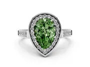 Fancy Green Pear Cut Diamond Halo Solitaire Ring Set in Silver with Pavé Band and Bezel Setting