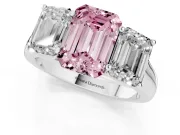 Emerald Cut Three Stone Engagement Ring Setting for a Fancy Pink Lab-Grown Diamond | Basket Prong Heads | Platinum