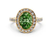 Fancy Green Oval Cut Diamond Halo Ring Set in Yellow gold with Pavé Shank and Prong Setting