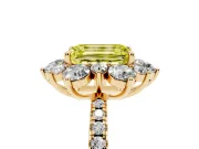 Fancy Yellow Emerald Cut Diamond Floral Halo Ring Set in Yellow gold with Round Pavé Band and Prong Setting