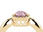Fancy Pink Pear Cut Diamond Halo Engagement Ring Set in Yellow gold with Plain Split Shank and Prong Setting