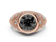 Fancy Black Round Cut Diamond Bezel Ring Set in Rose gold with Milgrain Accent Band
