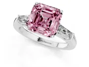 Fancy Pink Asscher Cut Diamond Solitaire Ring Set in Platinum with Tapered Baguette Side Stones and Prong Setting
