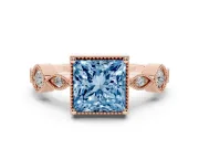 Fancy Blue Princess Cut Diamond Vintage-Inspired Milgrain Ring Set in Rose gold with Marquise Stations of Round Accents