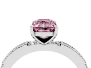 Fancy Pink Emerald Cut Diamond Solitaire Ring Set in Platinum with Slim Pavé Band and Prong Setting