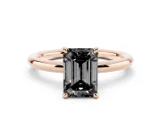 Fancy Black Emerald Cut Diamond Solitaire Ring Set in Rose gold with Thin Band and Prong Setting