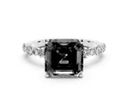 Fancy Black Asscher Cut Diamond Prong Set Engagement Ring Set in Silver with Round Accent Pavé Band