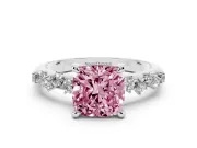 Fancy Pink Cushion Cut Diamond Solitaire Vine Band Ring Set in White gold with Round Accents and Prong Setting