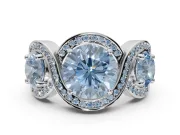 Round Three Stone Halo Engagement Ring Setting for a Fancy Blue Lab-Grown Diamond | Pavé Wave Band | Platinum