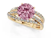 Fancy Pink Round Cut Diamond Solitaire Twist Band Ring Set in Yellow gold with Pavé Setting and Prong Head