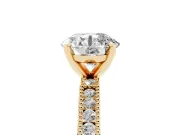 Round Cut Diamond Solitaire Ring Set in Yellow gold with Slim Pavé Band and Prong Setting