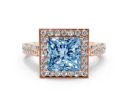 Princess Cut Milgrain Halo Engagement Ring Setting for a Fancy Blue Lab-Grown Diamond | Side Stones | Rose Gold