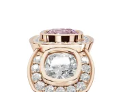 Cushion Cut Three Stone Halo Engagement Ring Setting for a Fancy Pink Lab-Grown Diamond | Rose Gold