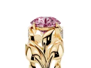 Fancy Pink Round Cut Diamond Leaf-Inspired Engagement Ring Set in Yellow gold with Round Accents