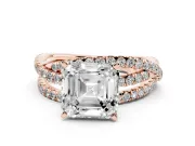 Asscher Cut Diamond Solitaire Twist Band Ring Set in Rose gold with Pavé Setting and Prong Head