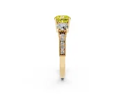 Fancy Yellow Cushion Cut Diamond Three-Stone Ring Set in Yellow gold with Round Side Stones and Pavé Band
