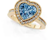 Fancy Blue Heart Cut Diamond Halo Ring Set in Yellow gold with Pavé Band and Milgrain-Edged Prongs