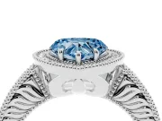 Fancy Blue Heart Cut Diamond Halo Ring Set in White gold with Round Accent Halo, Pavé Band and Prong Setting